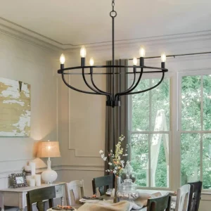 USOR 6-Light Black Chandelier Vintage Candle Farmhouse Iron Pendant Ceiling Light Fixture Wagon Wheel Chandelier Over Table for Dining Room Living Room Kitchen D72.5cmxH65cm E14 Bulbs Included